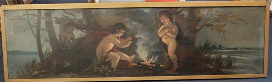 English School c.1900 Putti in classical landscapes, 17.5 x 66.5in, one 17.5 x 64in.